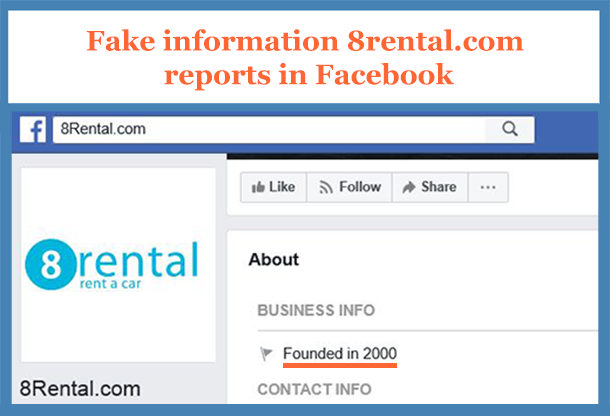 8rental.com fraudulently reports in Facebook to be in operation since 2000