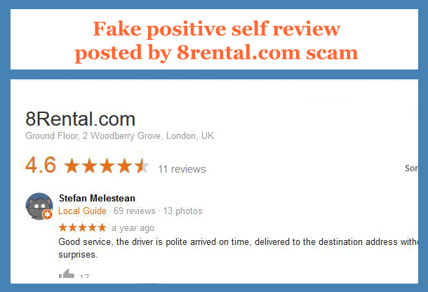 Fake self review posted in Google by 8rental.com scam