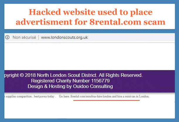 Hacked website www.braemarscotland.co.uk used to place an advertisement for 8rental.com scam