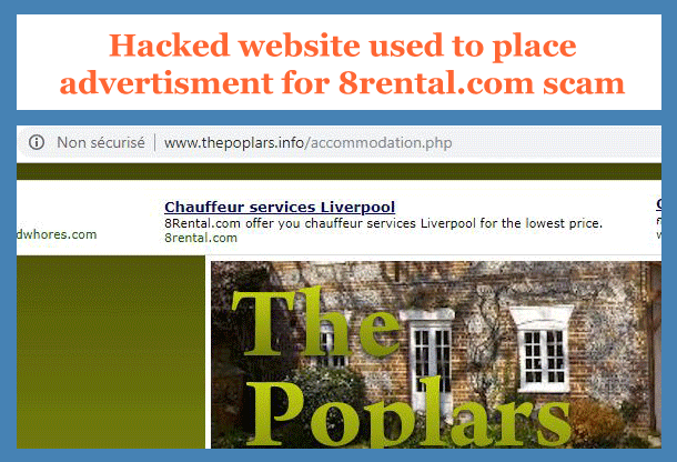 Hacked website www.thepoplars.info used to place an advertisement for 8rental.com scam